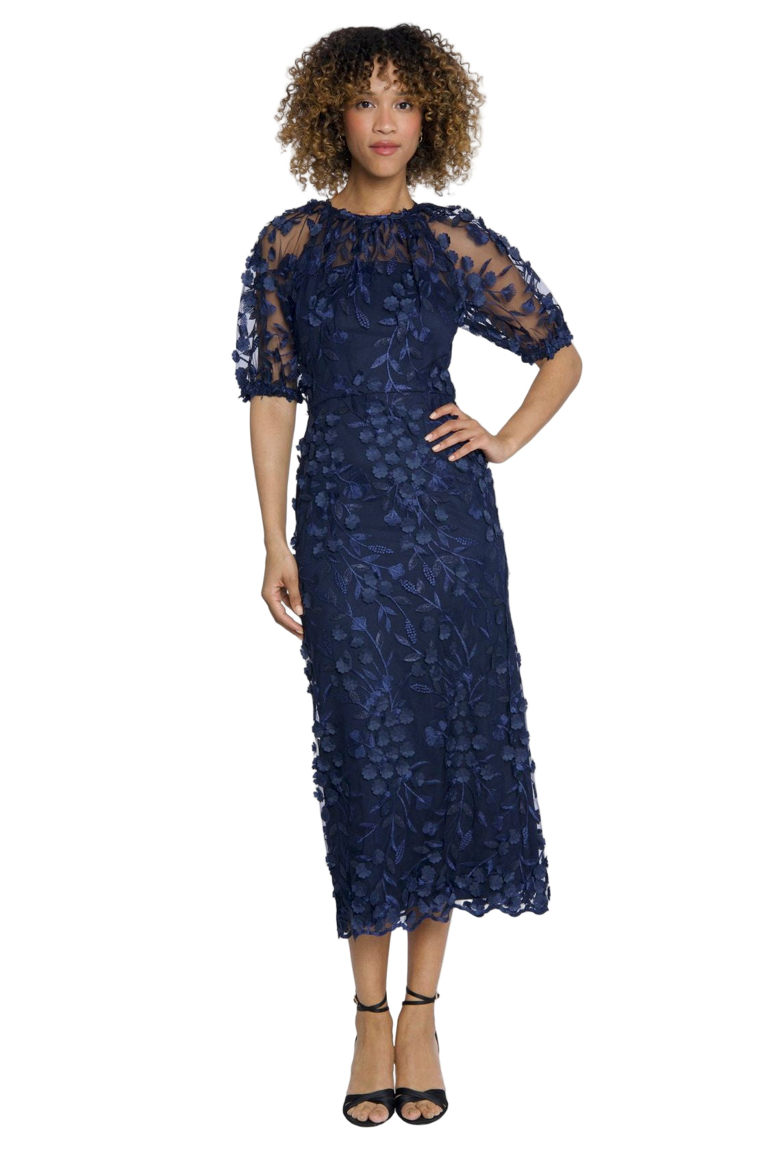 Maggy London Floral Puff Sleeve Midi in navy with 3D petal embroidery, sheer puff sleeves, sheath midi silhouette, front view