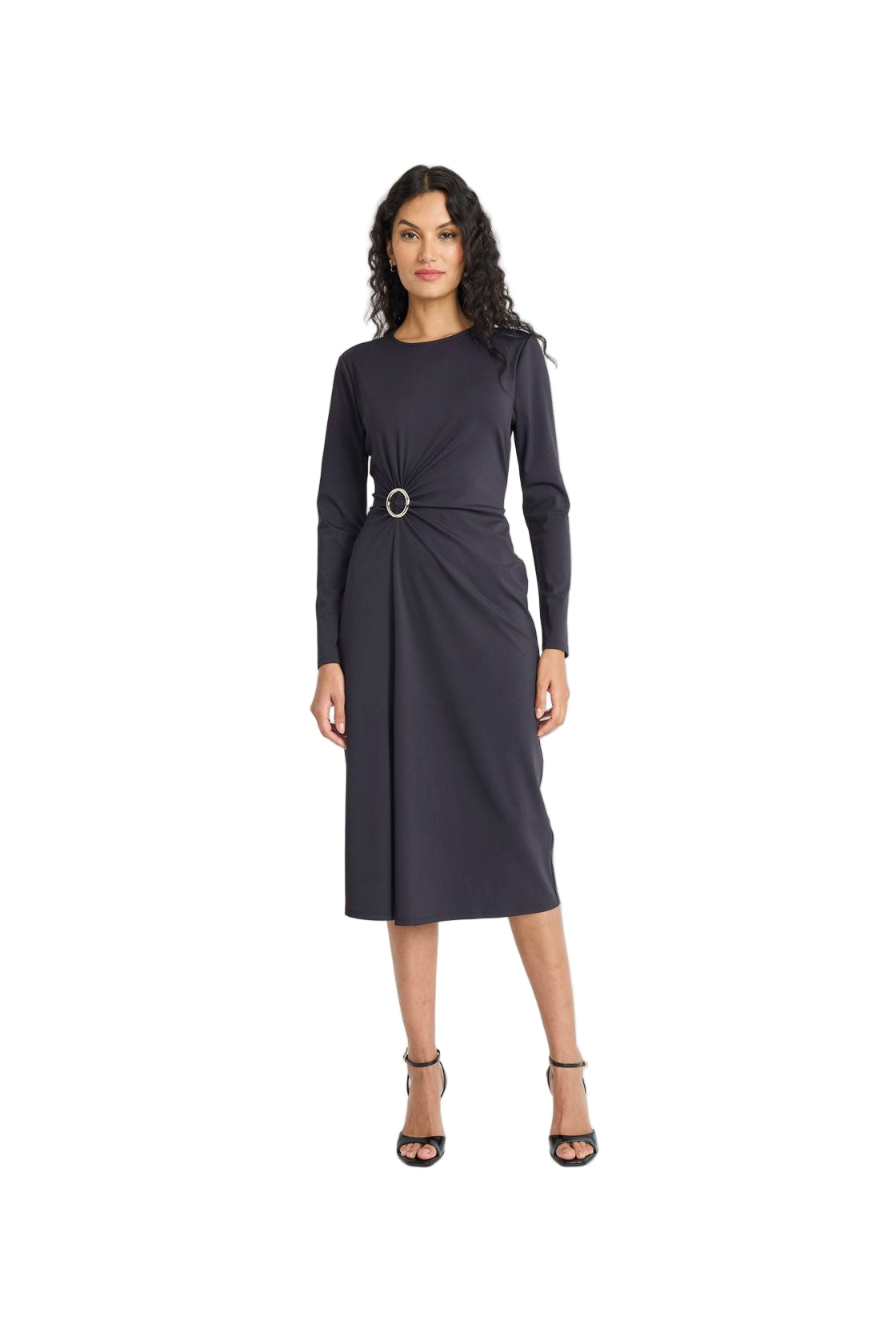 Maggy London LS Midi With Side Gather in navy, fitted long sleeve sheath midi with ruched side and ring hardware, front view
