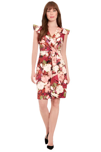 Maggy London Pleated Asymmetrical Dress in burgundy floral print with blush and cream roses, faux-wrap sheath with flutter sleeves, front view