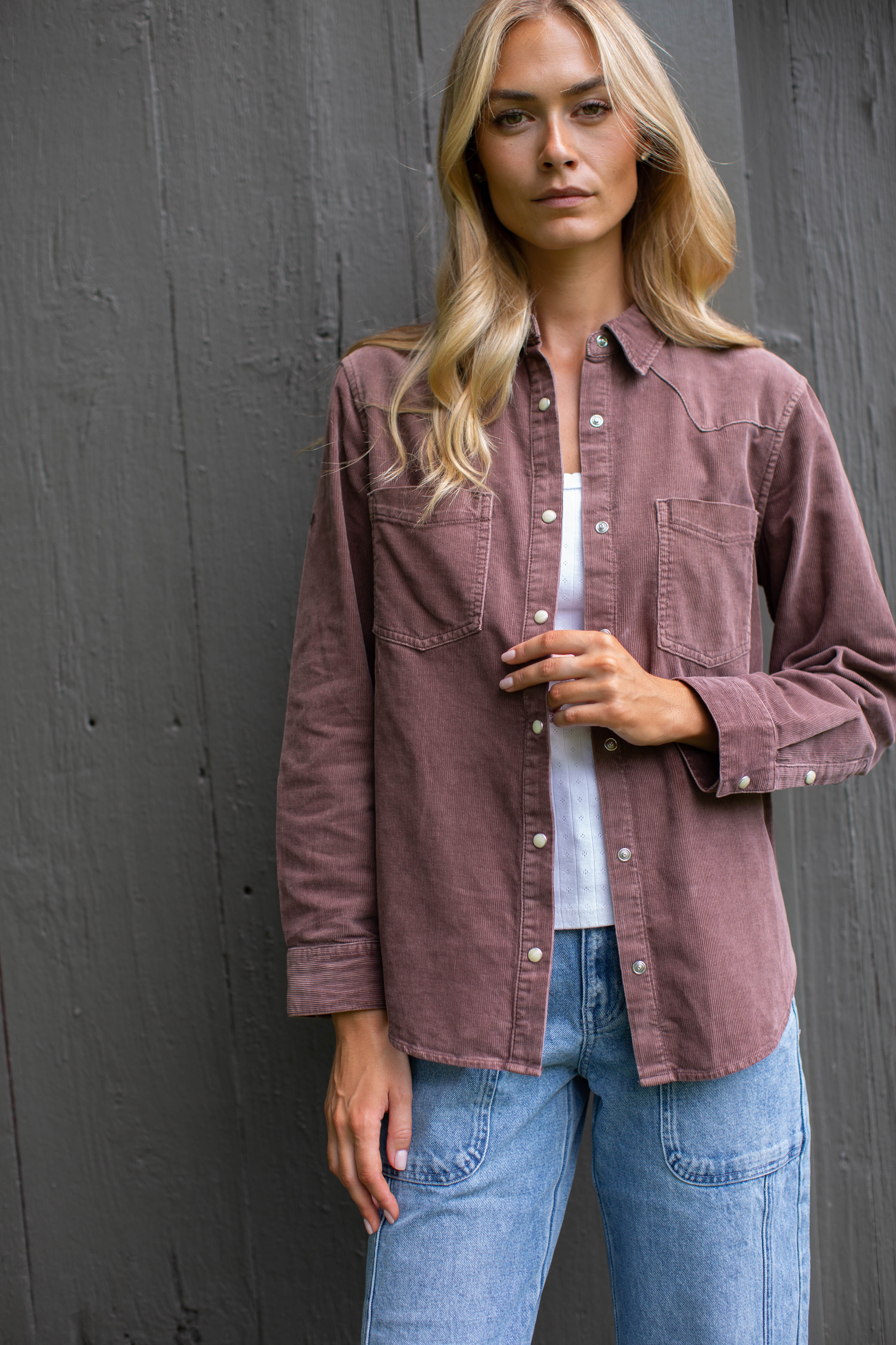 Marea Corduroy Western Shirt in Brown worn open over a white tee with light jeans