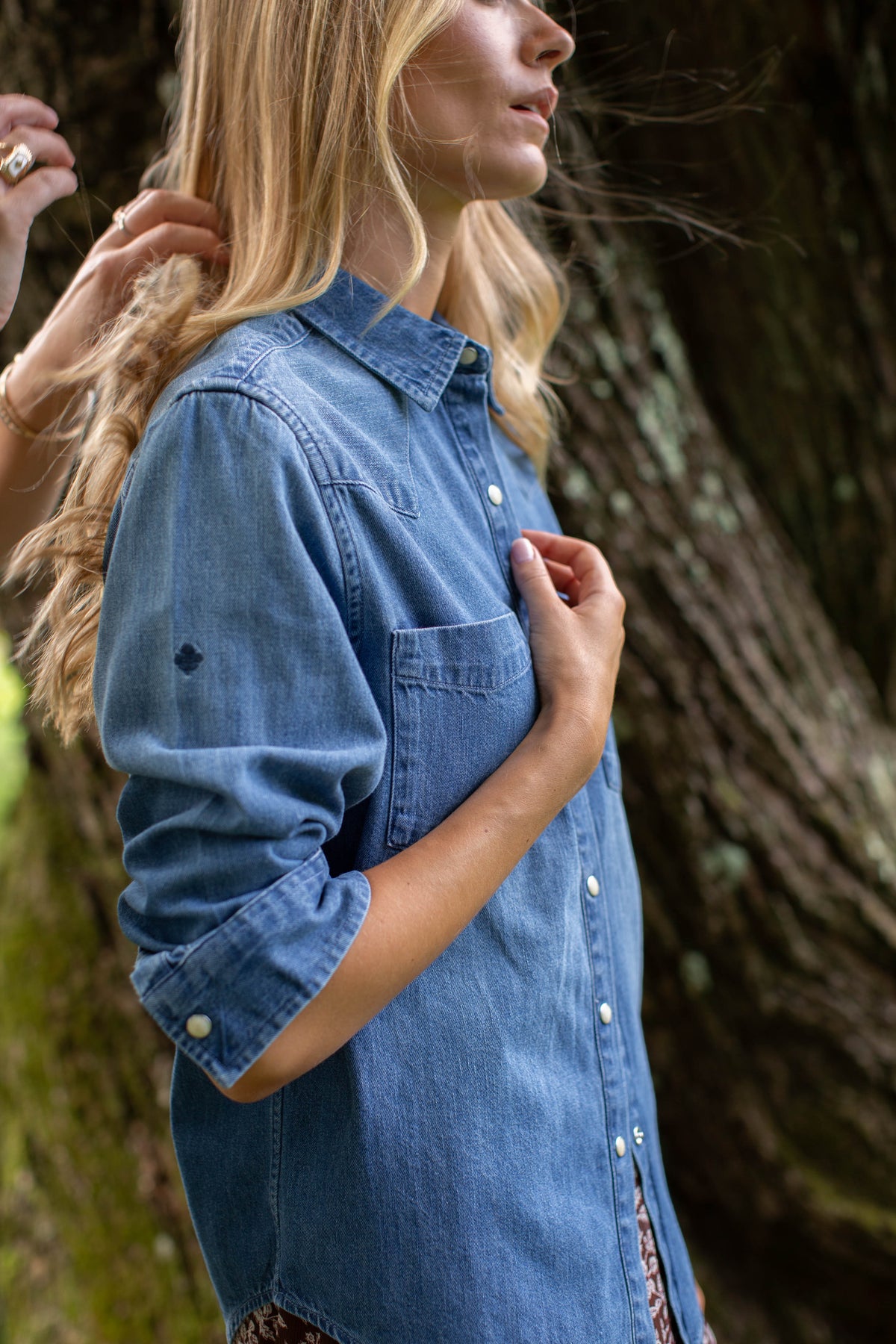 Marea Denim Western Shirt in dark wash, side view showing the relaxed fit