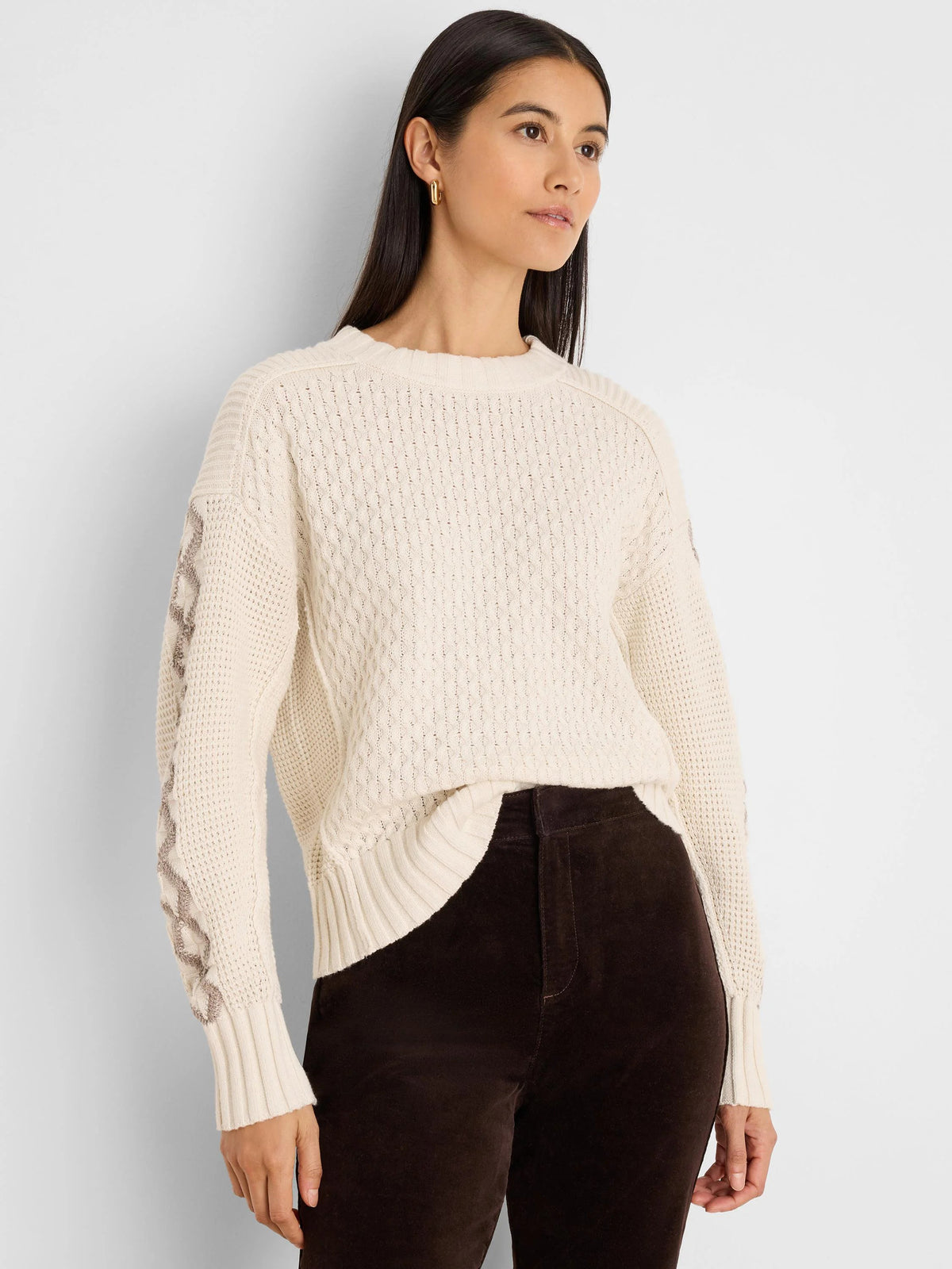 NIC+ZOE Criss Cross Sweater in Coconut, front view