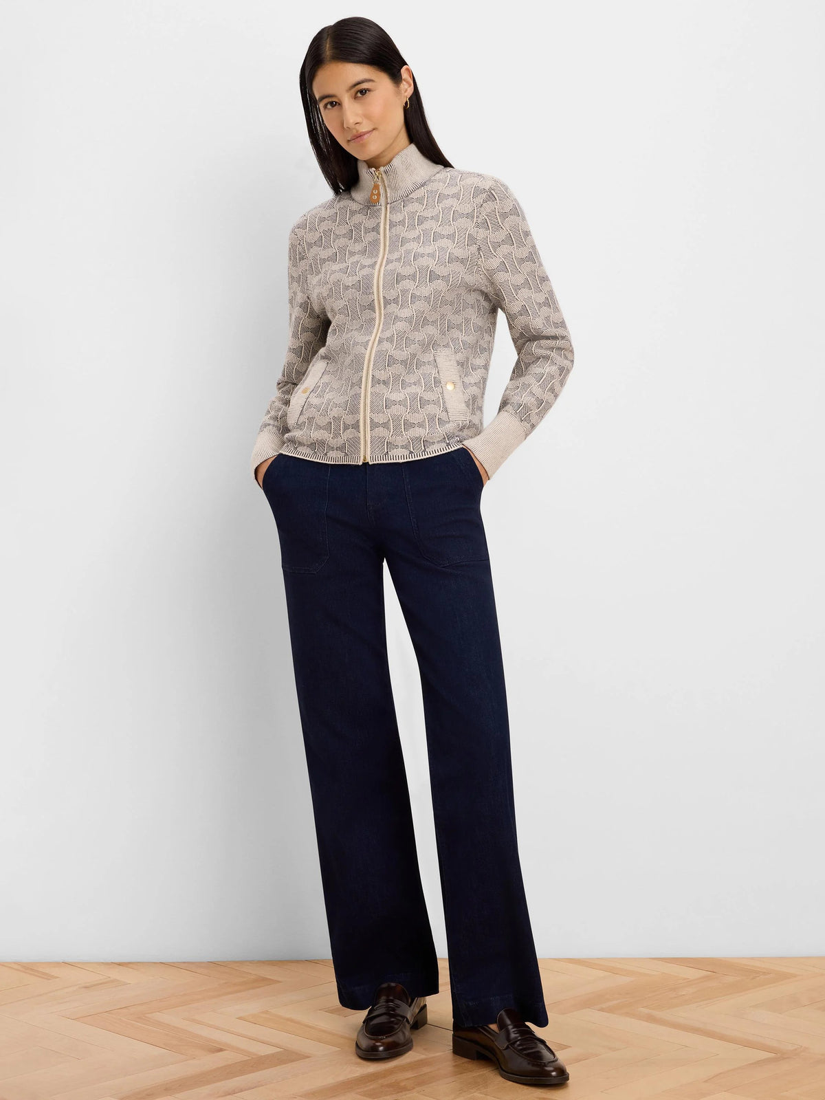 NIC+ZOE Dapper Swirl Knit Jacket in Neutral Multi, full-length view