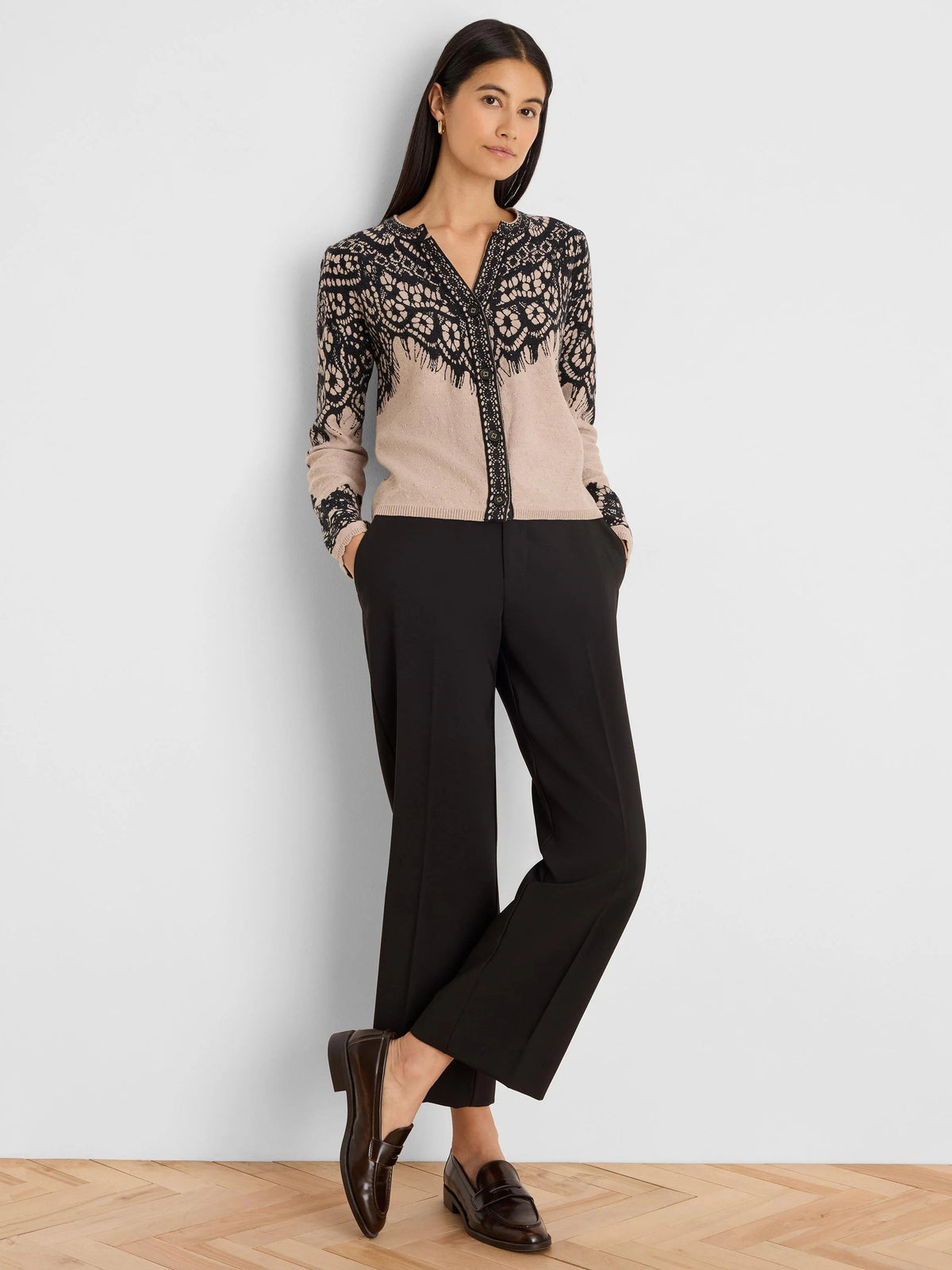 NIC+ZOE Placed Lace Print Cardigan in Neutral Multi, full-length view