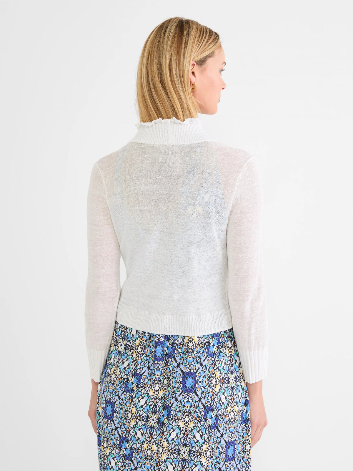 NIC+ZOE Ruffle Featherknit Cardigan in Paper White, back view