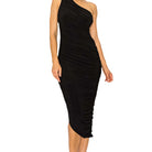One Shoulder Ruched Bodycon Dress in Black, front view