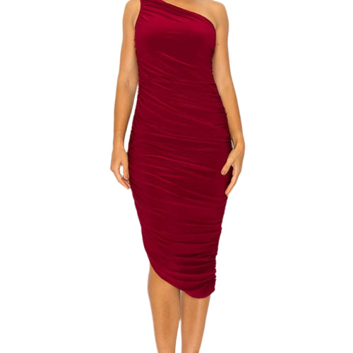 One Shoulder Ruched Bodycon Dress in Burgundy, front view