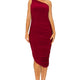 One Shoulder Ruched Bodycon Dress in Burgundy, front view