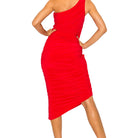 One Shoulder Ruched Bodycon Dress in Red, back view