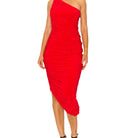 One Shoulder Ruched Bodycon Dress in Red, front view