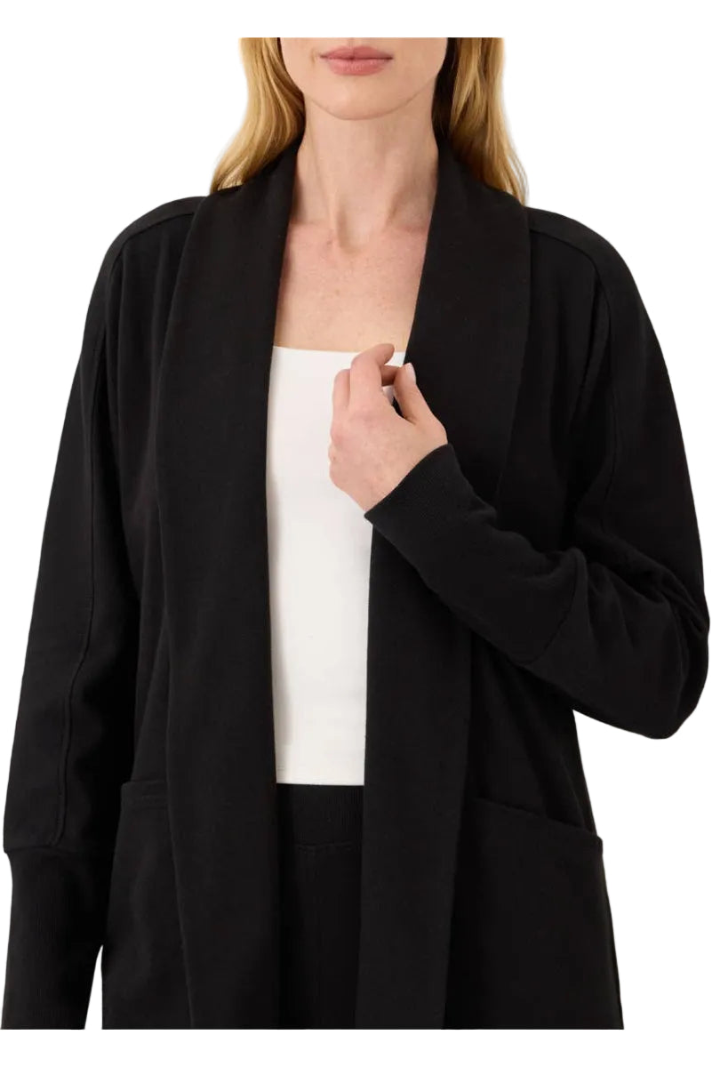 Pact Airplane Wrap Cardigan in black organic cotton, front view