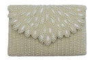 A rectangular clutch bag covered in cream-colored faux pearls and beadwork, featuring a scalloped beaded flap on a plain white background.