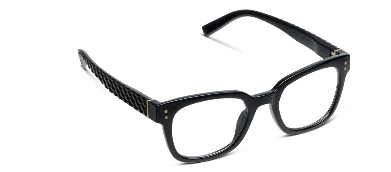Peepers Aubrey blue light reading glasses in black, angled view