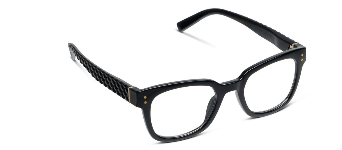 Peepers Aubrey blue light reading glasses in black, angled view