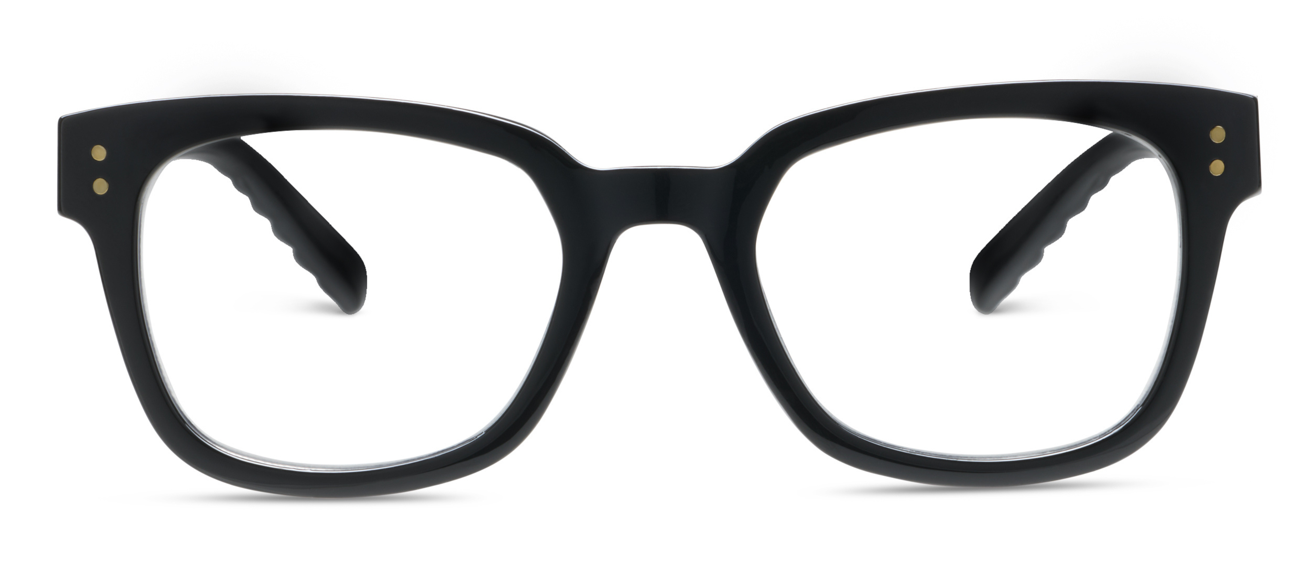 Peepers Aubrey blue light reading glasses in black, front view of the chunky square frame