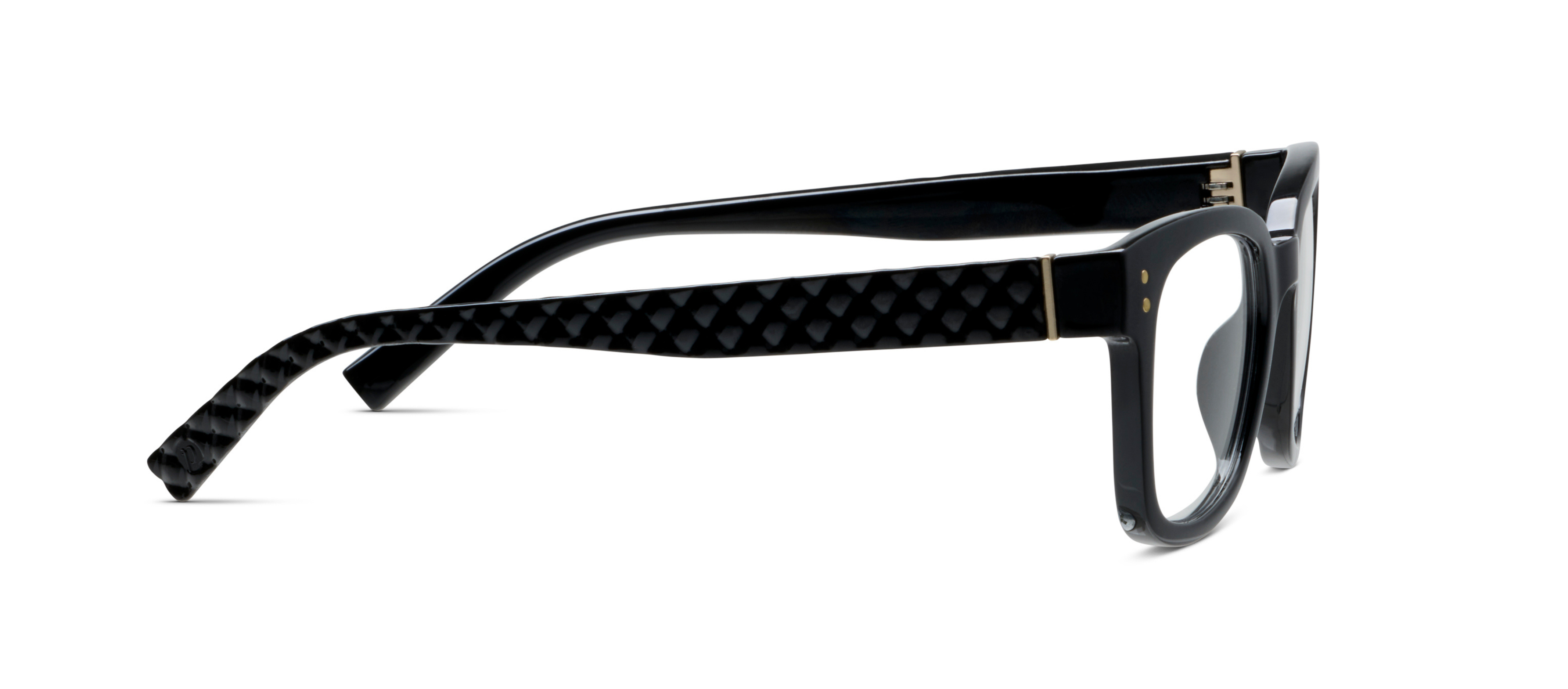 Peepers Aubrey blue light reading glasses in black, side view of the temple