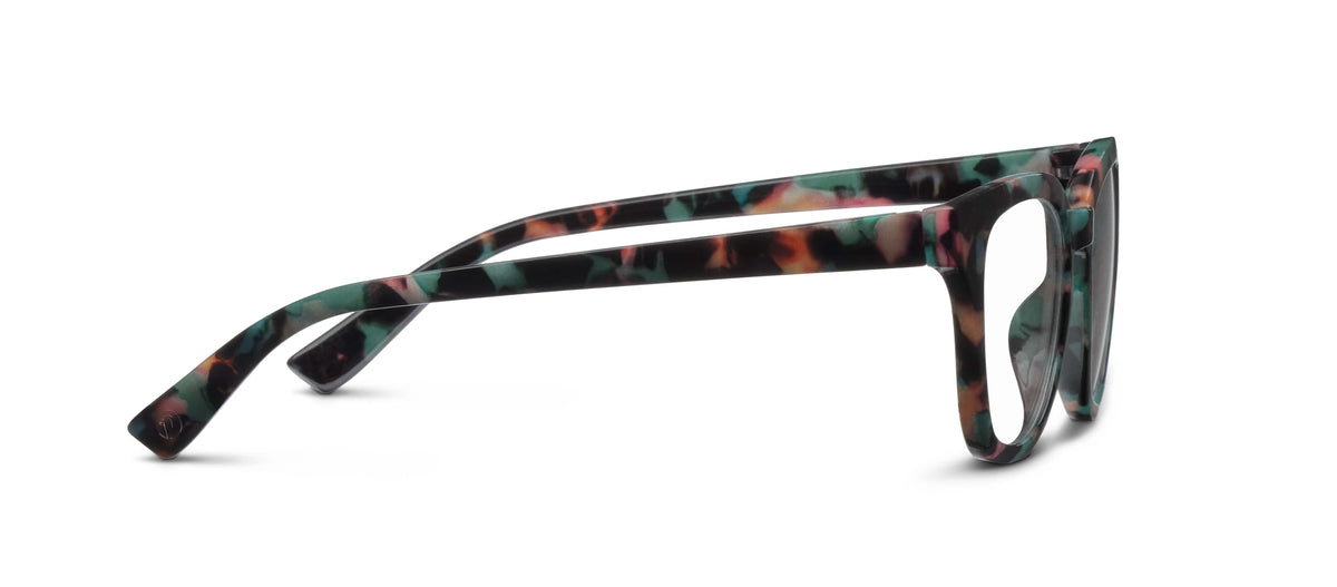 Peepers Betsy blue light reading glasses in Teal Botanico, side view of the printed temple