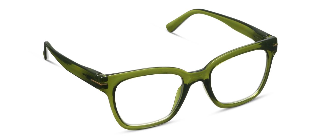 Peepers Buzzworthy blue light reading glasses in green, angled view