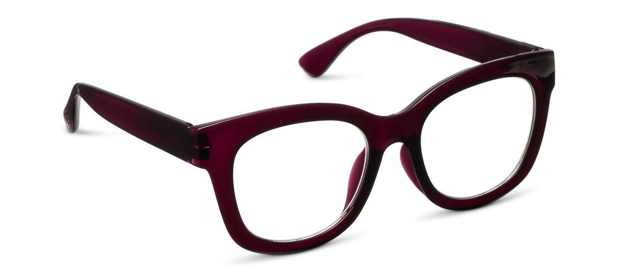 Peepers Center Stage blue light reading glasses in Dark Cherry, angled view