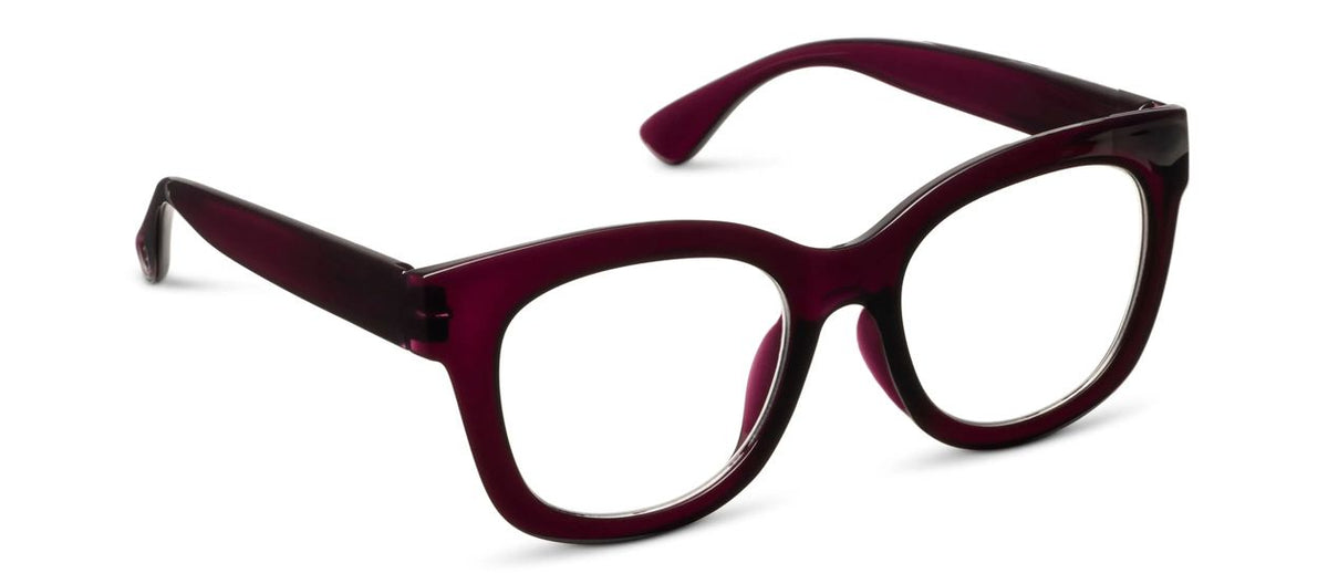 Peepers Center Stage blue light reading glasses in Dark Cherry, angled view