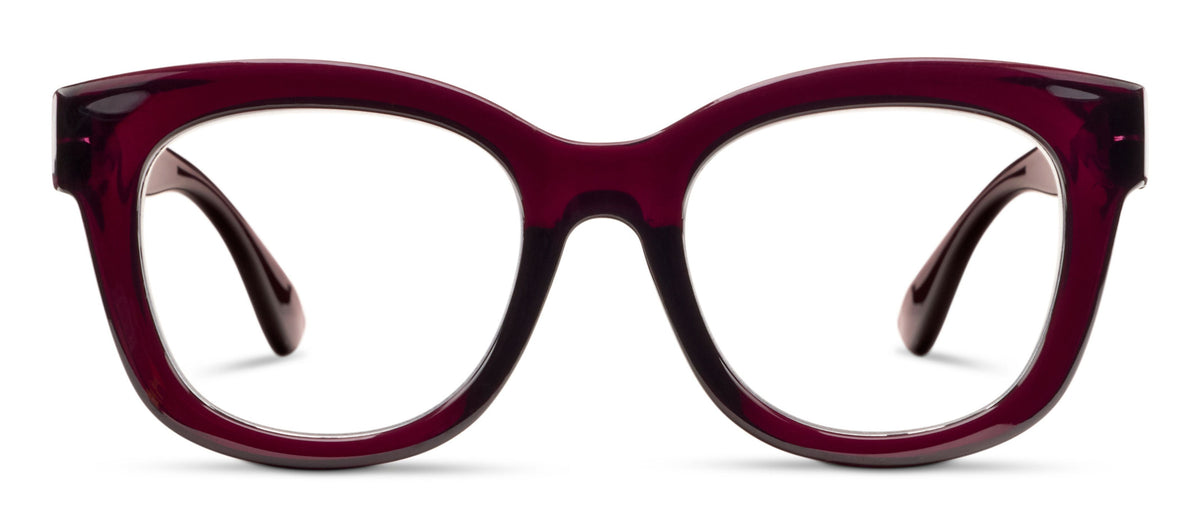Peepers Center Stage oversized blue light reading glasses in Dark Cherry, front view