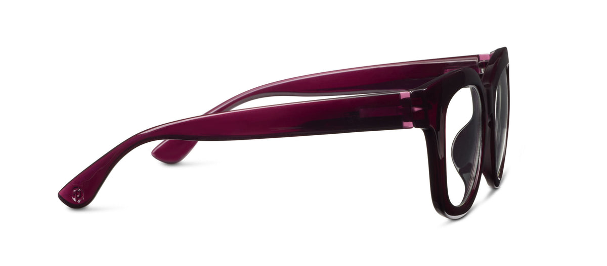 Peepers Center Stage blue light reading glasses in Dark Cherry, side view