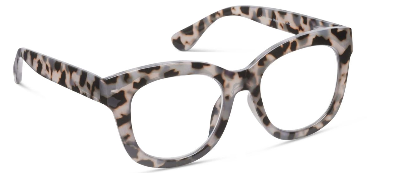 Peepers Center Stage blue light reading glasses in Gray Tortoise, angled view