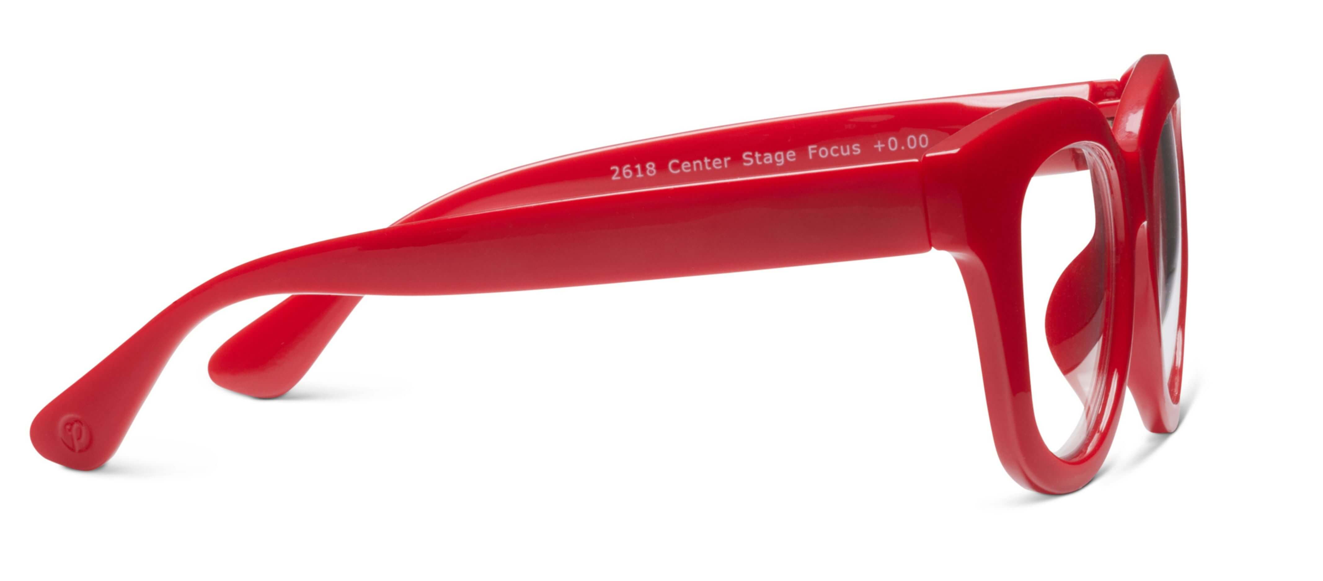 Peepers Center Stage blue light reading glasses in red, side view