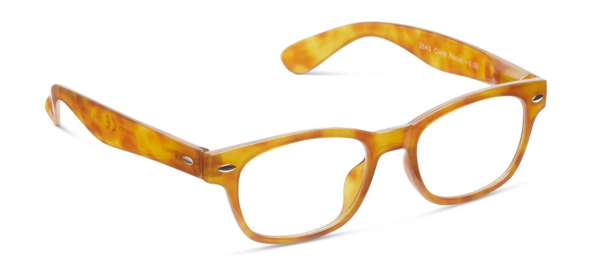 Peepers Clark Focus blue light reading glasses in Honey Tortoise, angled view