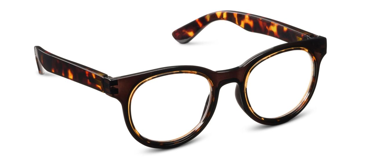 Peepers Olympia blue light reading glasses in Coffee Tortoise, angled view