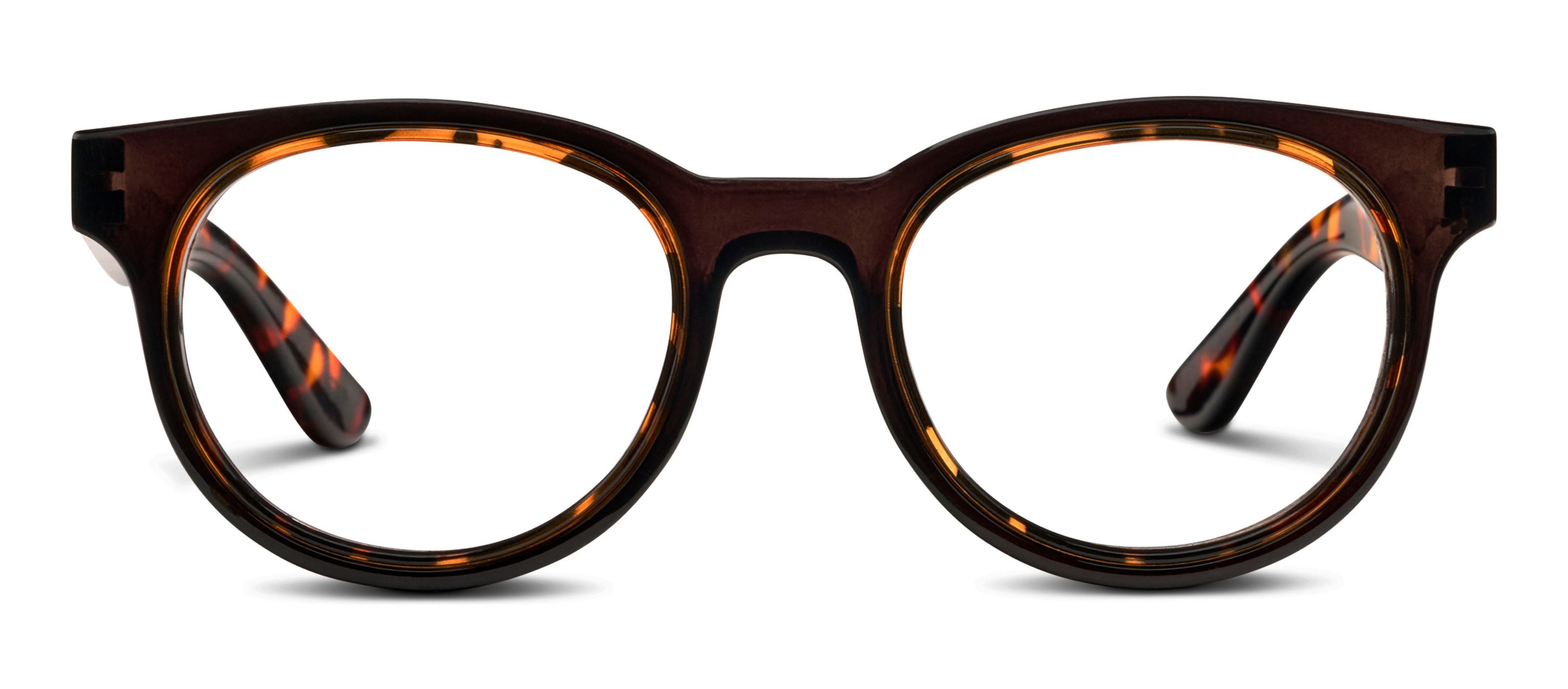 Peepers Olympia round blue light reading glasses in Coffee Tortoise, front view