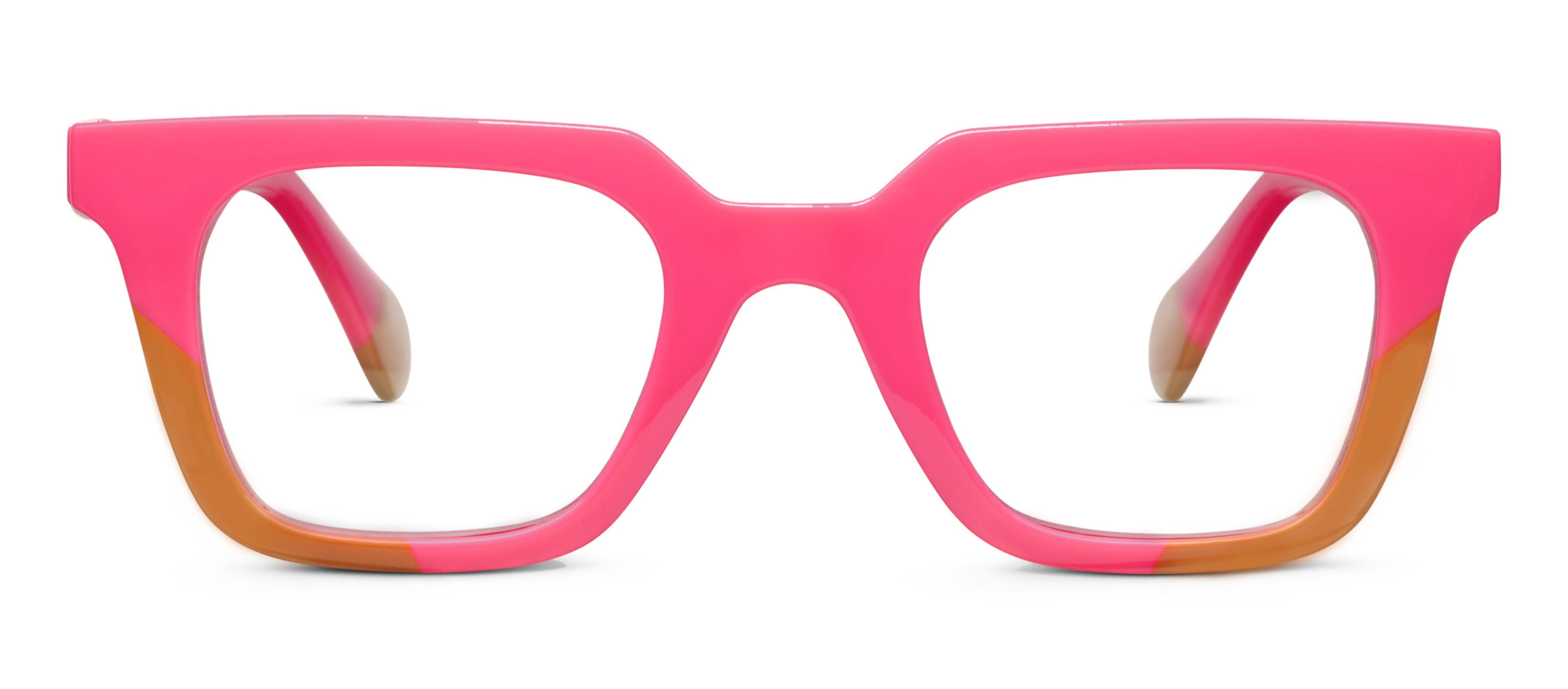 Peepers Page blue light reading glasses in pink and tan, front view