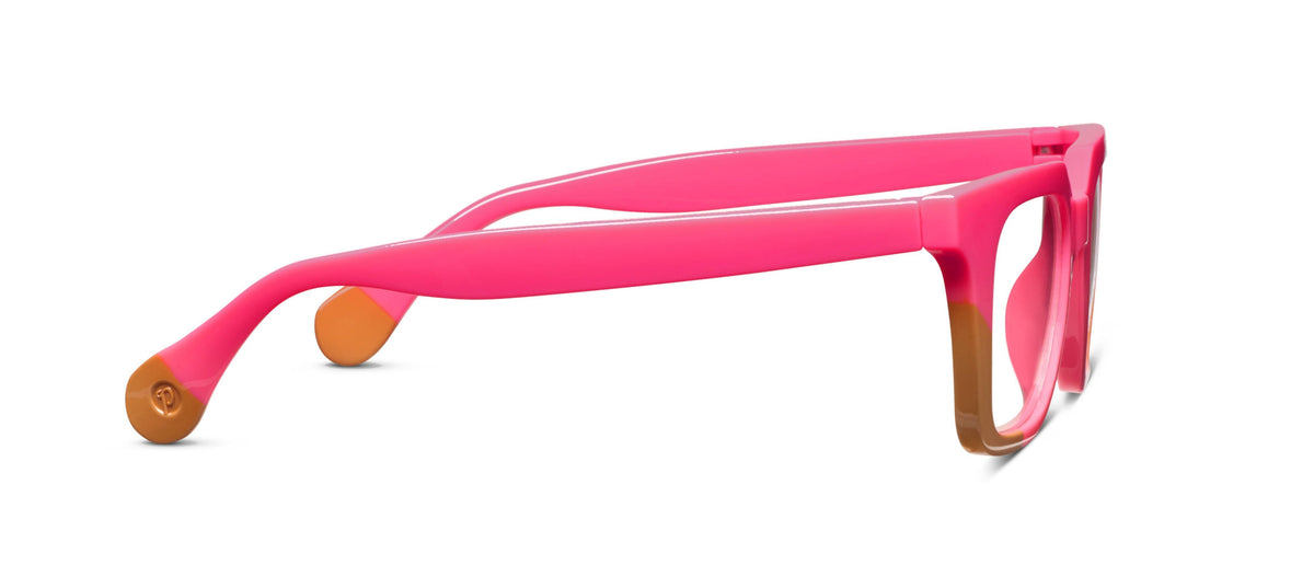 Peepers Page blue light reading glasses in pink and tan, side view