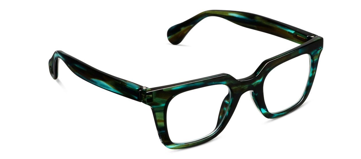 Peepers Page blue light reading glasses in Teal Horn, angled view
