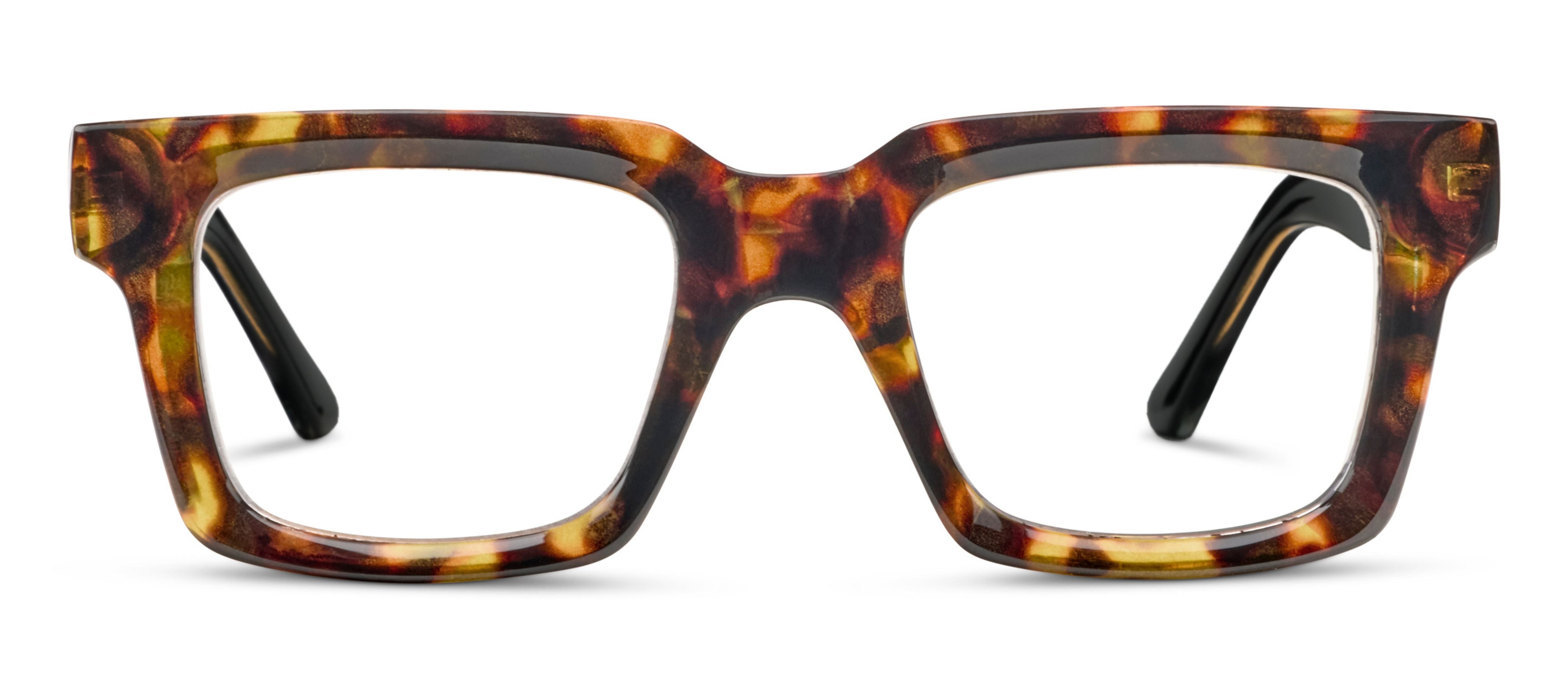 Peepers Spotlight chunky square blue light reading glasses in tortoise and black, front view