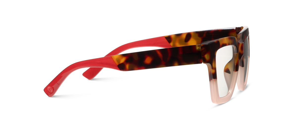 Peepers Take A Bow blue light reading glasses in tortoise and blush, side view