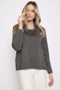 Woman wearing the Picadilly Fur Trim Top in Heather Charcoal, a relaxed long sleeve knit with a soft fur-trimmed neckline, styled with white pants