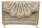 An ornate rectangular clutch bag covered in intricate beadwork and sequins, featuring a scalloped flap with teardrop motifs in cream, gold, and pale peach, with a gold chain strap visible at the sides.