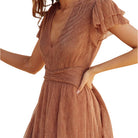 Pleats And Thank You Flutter Sleeve Maxi Dress in Rose Gold – Fabric Detail