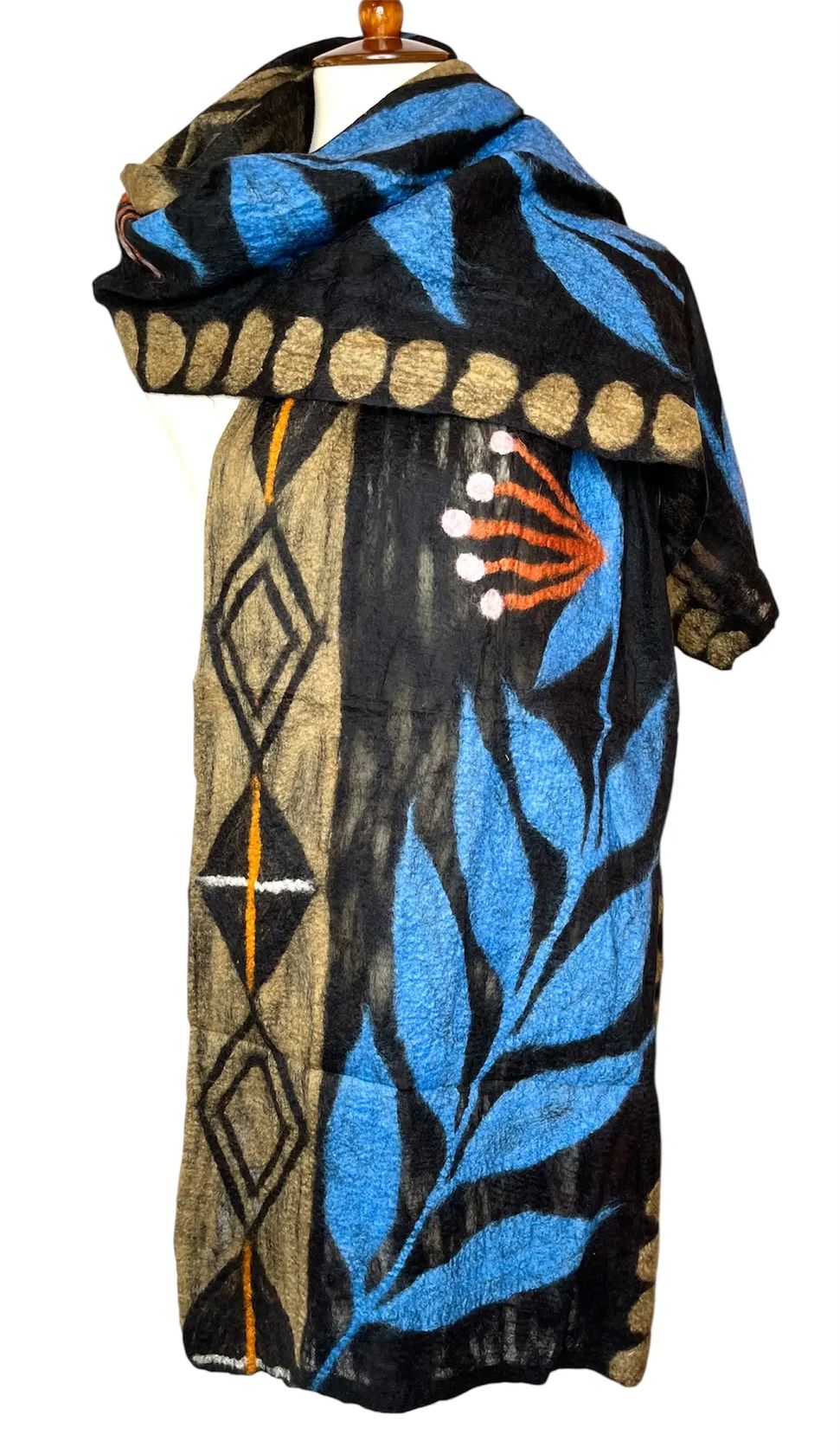 Pomegranate Moon Abstract Garden hand-felted silk and wool scarf with blue leaves and gold geometric panel on black, displayed on a dress form