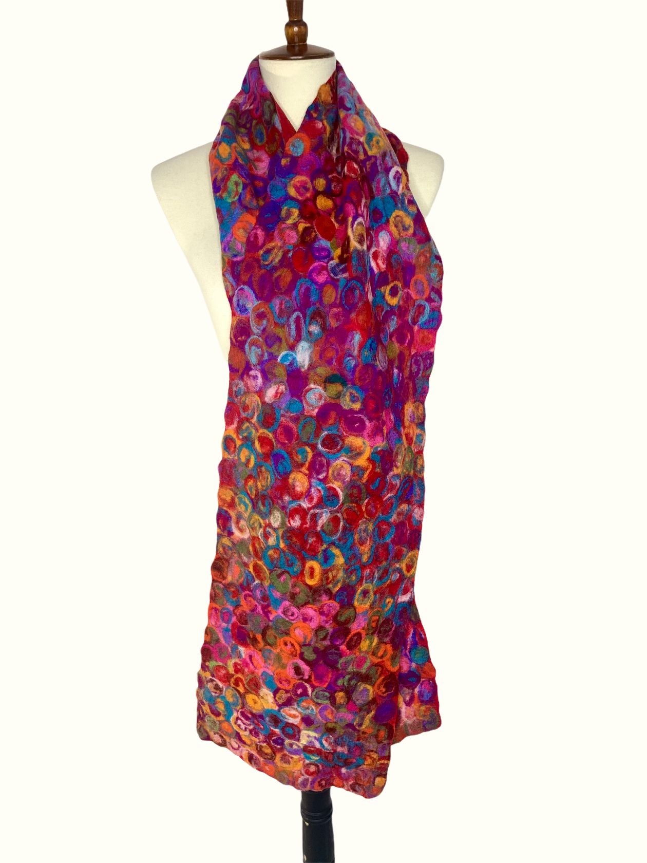 Pomegranate Moon Confetti hand-felted silk and wool scarf with multicolor raspberry, coral, violet and gold dots, displayed on a dress form