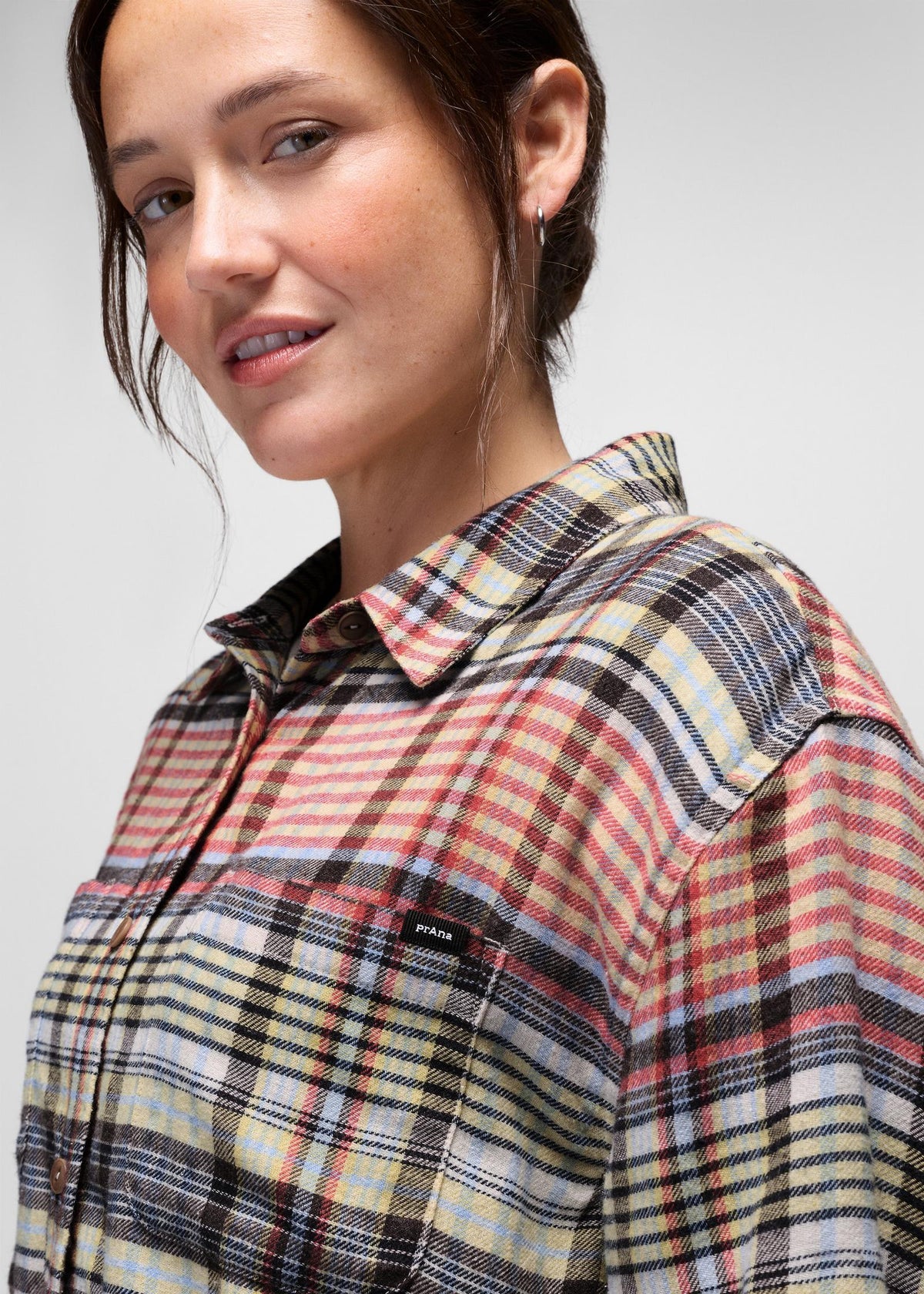 prAna Cabin Core Flannel Shirt in Multi Plaid, close-up detail