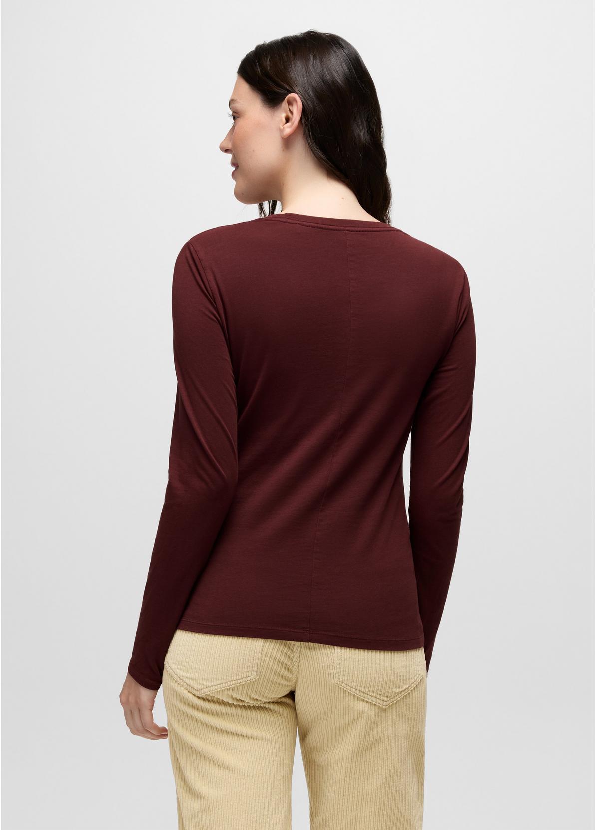 prAna Everyday Long Sleeve Tee in Cacao deep burgundy brown, slim fitted long sleeve tee, back view