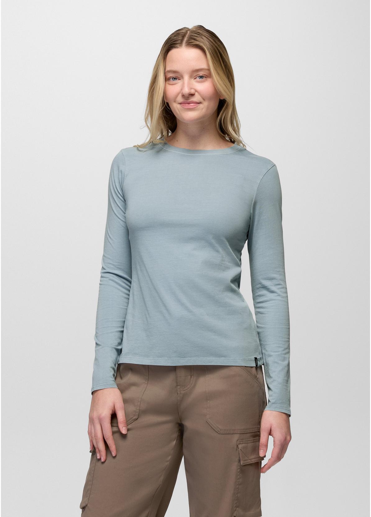 prAna Everyday Long Sleeve Tee in Glacier Skies soft dusty blue, slim organic cotton crew neck tee, front view