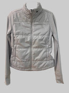 prAna Ice Flow Insulated Jacket in Rainier light gray, women's full-zip jacket with quilted insulated front, stand collar, zip hand pockets and stretch fleece sleeves with thumbholes