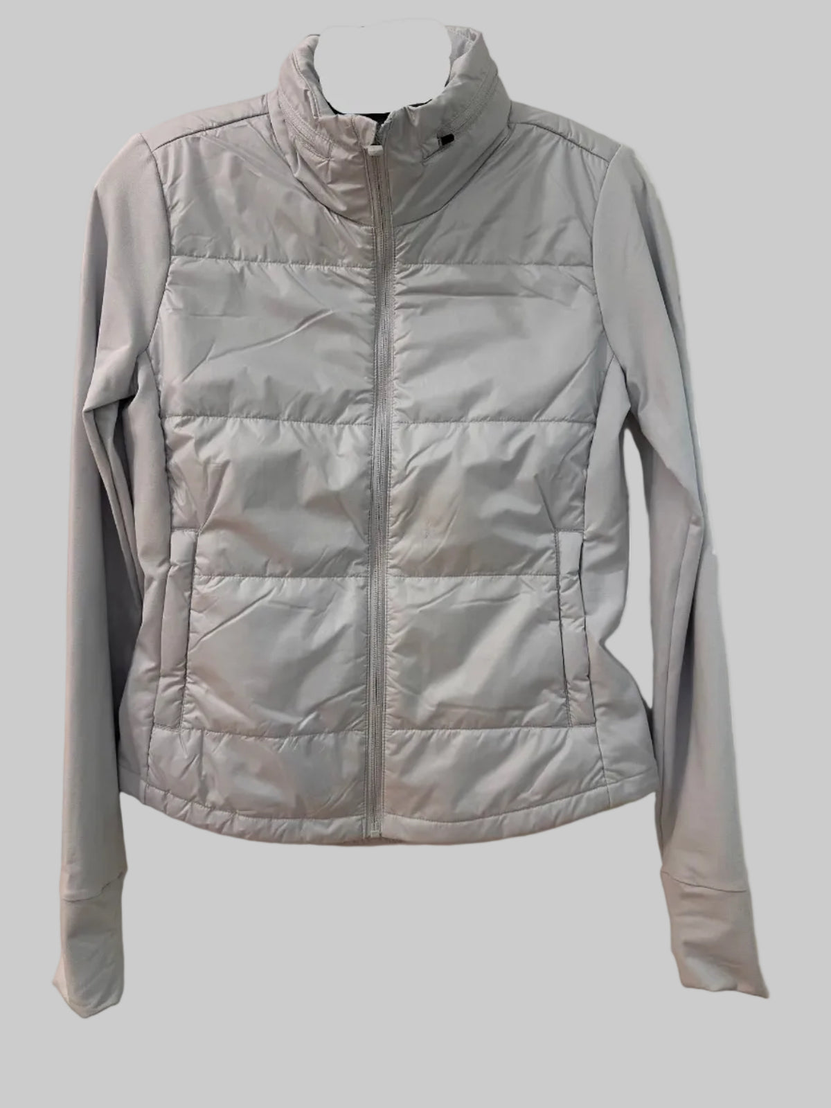 prAna Ice Flow Insulated Jacket in Rainier light gray, women's full-zip jacket with quilted insulated front, stand collar, zip hand pockets and stretch fleece sleeves with thumbholes