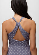 Twisted back strap detail on the Prana Jewel Lake Summer Dress in periwinkle dot print