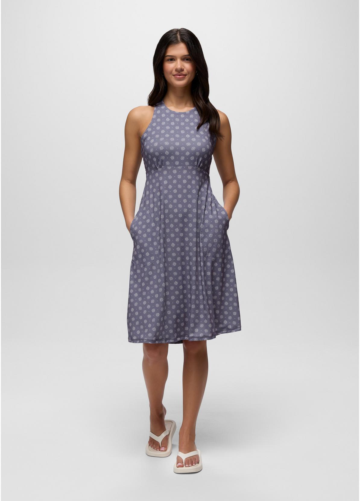 Prana Jewel Lake Summer Dress in periwinkle dot print, sleeveless high-neck midi with pockets, front view