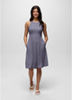 Prana Jewel Lake Summer Dress in periwinkle dot print, sleeveless high-neck midi with pockets, front view