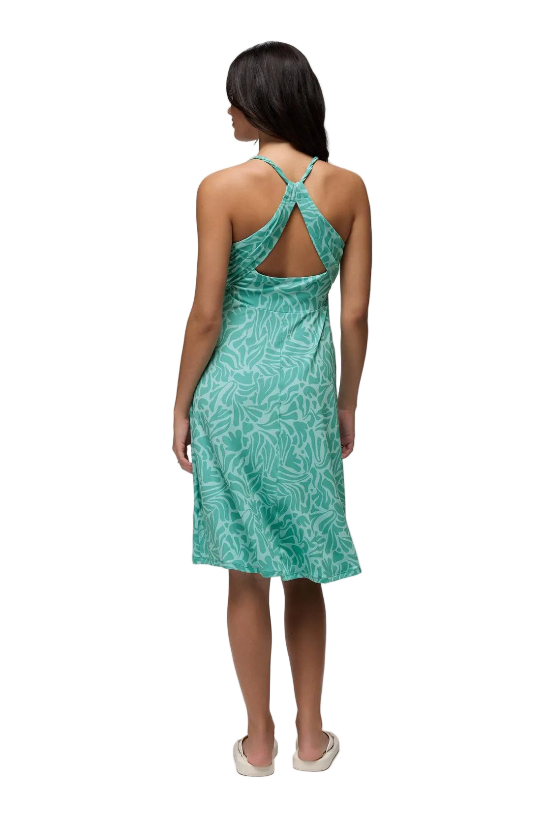 Prana Jewel Lake Summer Dress in Sea Glass Seaweed, back view showing the twisted back strap cutout